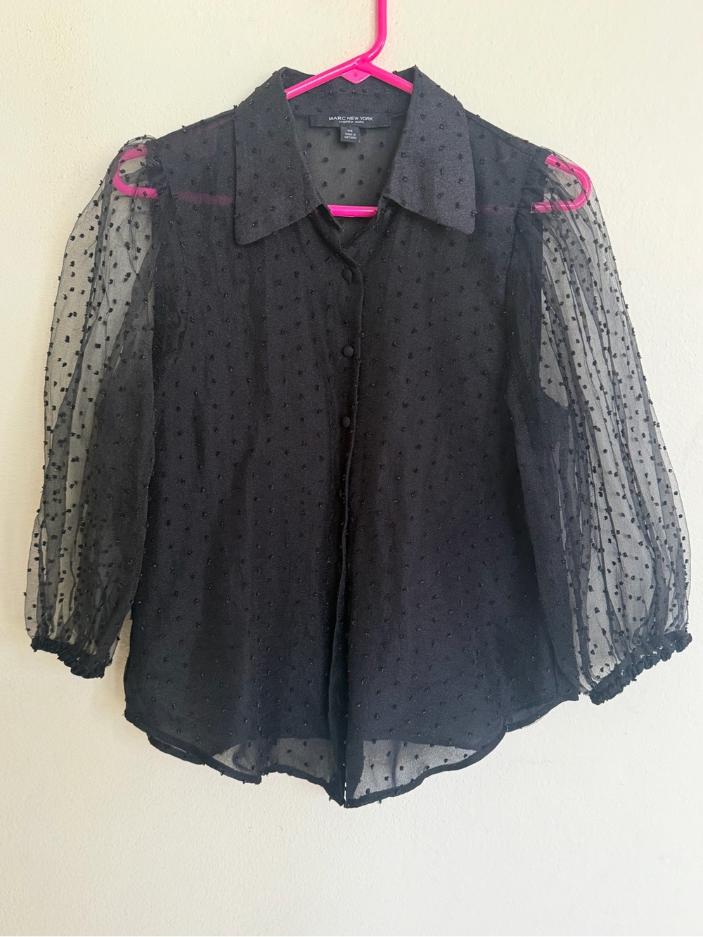 Marc New York Sheer Black Swiss Dot Button-Up Blouse